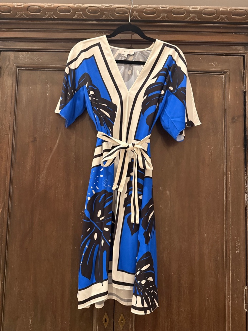 Reiss Blue and Cream Floral Wrap Midi Dress
